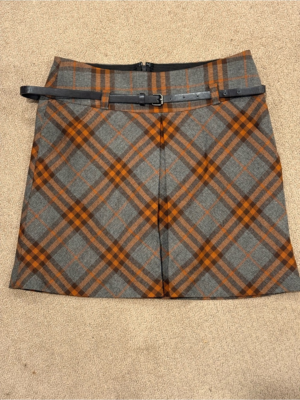The Limited Plaid A-Line Mini Skirt in Gray & Orange with Slim Belt